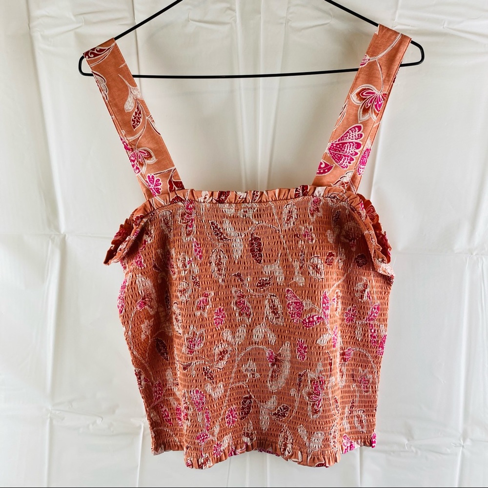 Witchery Pink Floral Shirred Frill Trim Square Neckline Cropped Tank Top Size XL - Picture 9 of 14